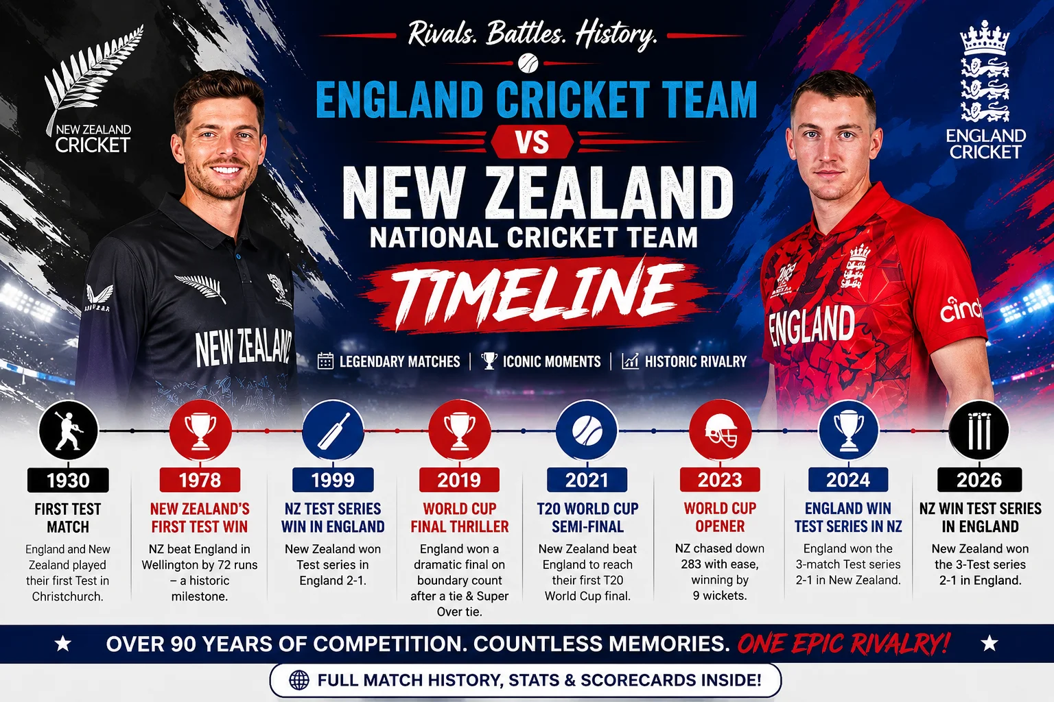 England Cricket Team vs New Zealand National Cricket Team Timeline